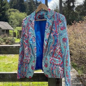 Blue turquoise, white, and red statement blazer. Jones, New York, size 12.